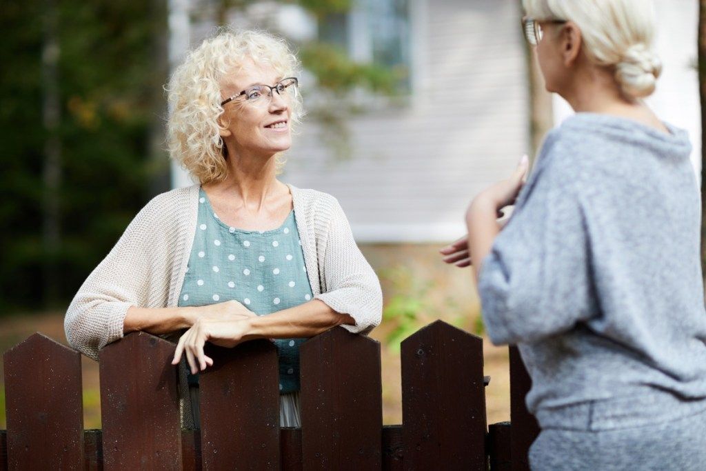 روزمرہ کی زندگی کے سامان کے بارے میں باڑ سے باتیں کرنے والی دو سمجھدار خواتین ہمسایہیاں