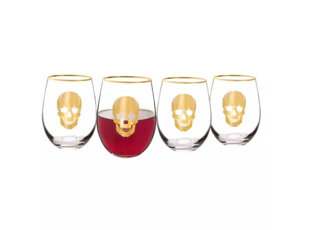 copas de vino sin tallo con calaveras doradas, decoración de halloween de destino