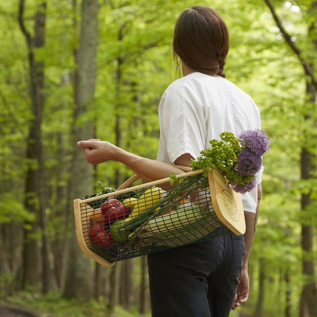 kvinne som bærer veggies i høstkurv