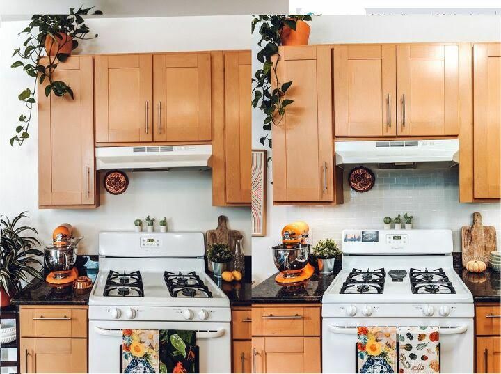 prieš ir po virtuvės su plytelių backsplash