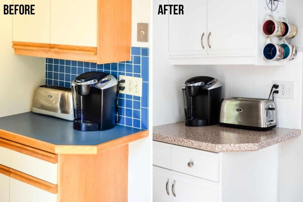 antes y después de la placa para salpicaduras de la cocina