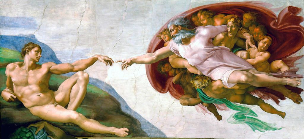 Soffitto della Cappella Sistina. La Creazione di Adamo, un affresco della Cappella Sistina di Michelangelo (1475-1564), Città del Vaticano, Roma Italia. Risalente al 1511 circa.