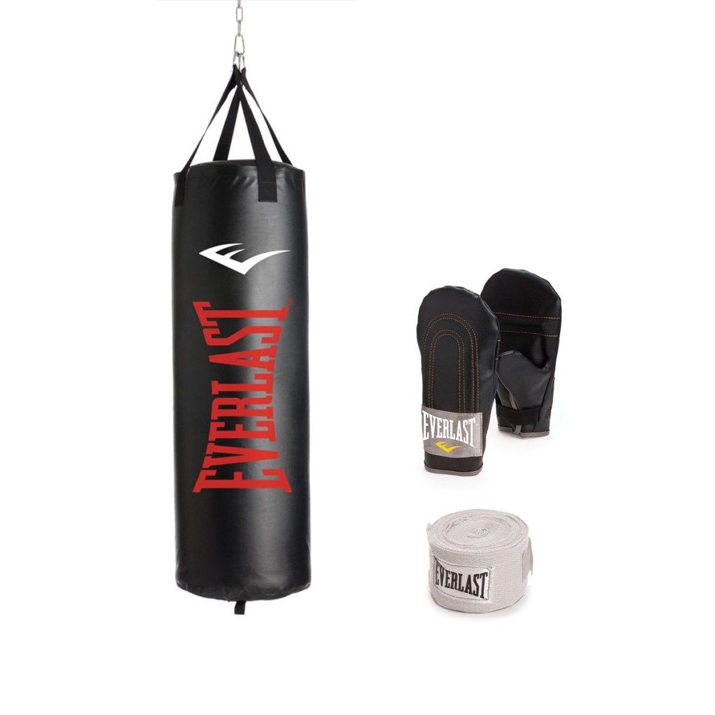 iki siyah boks eldiveni ve beyaz askılı ağır çanta seti