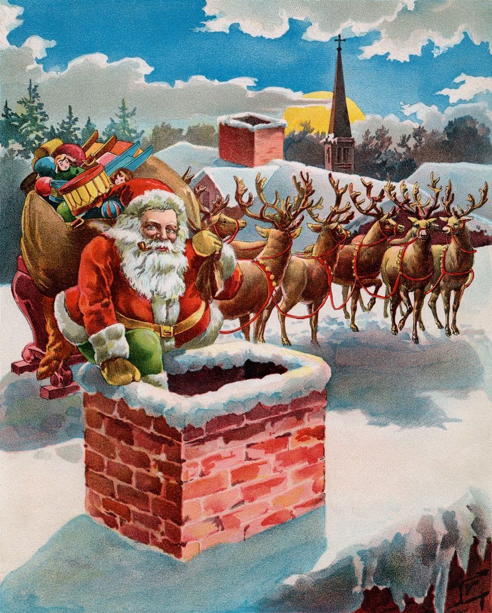 Vintage ilustracji Świętego Mikołaja i renifera na dachu