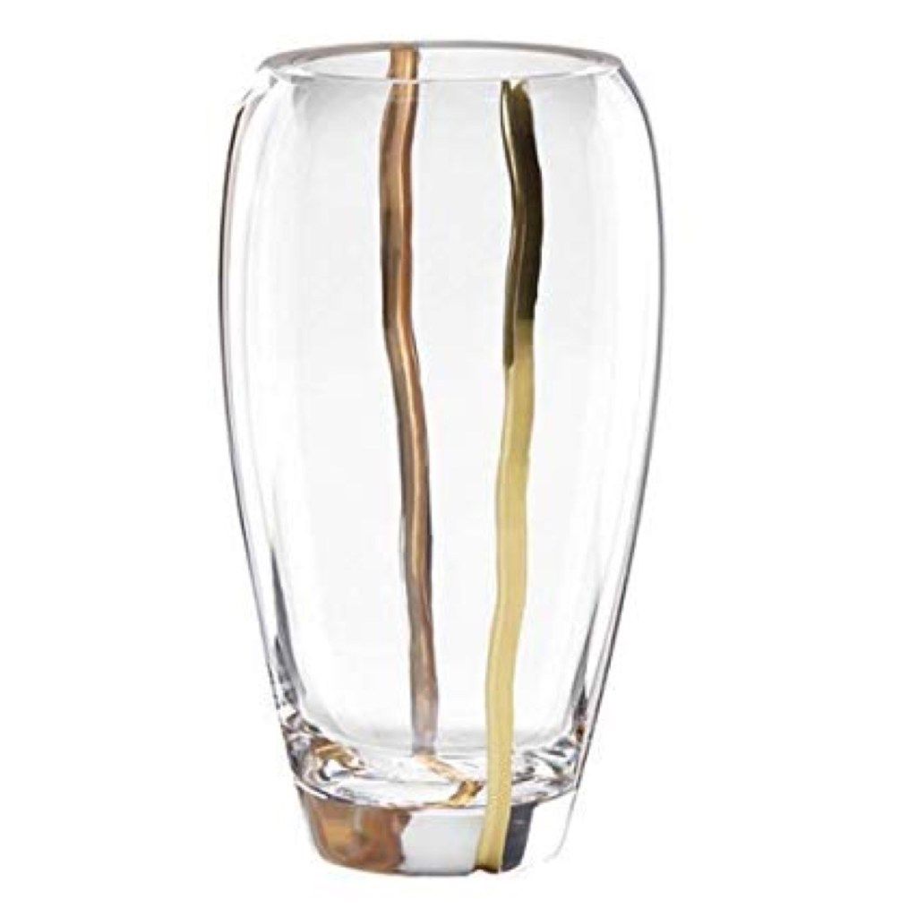 прозрачна ваза със златни вертикални ивици