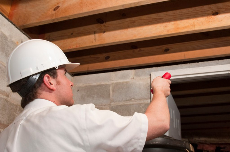   Một nhân viên tiêu diệt hoặc tác nhân kiểm soát dịch hại nhìn vào mái hiên trên trần của tầng hầm hoặc tầng áp mái