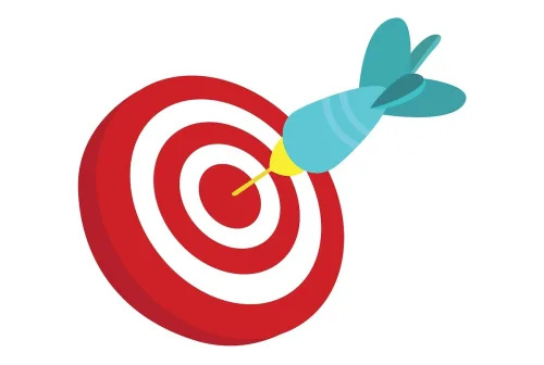   Rød og hvit bullseye med blå dart-emoji