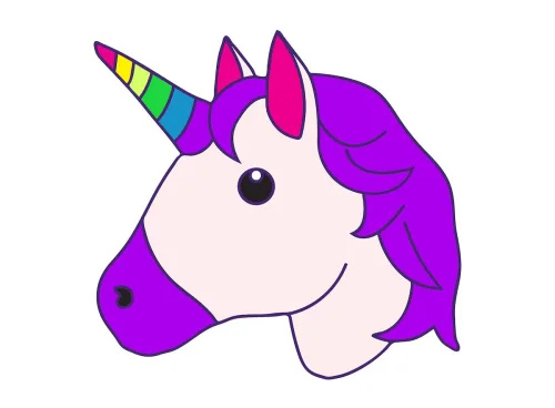   Emoji de unicórnio com cabelo roxo e chifre de arco-íris