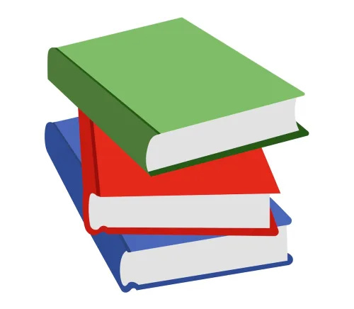   Emoji timbunan buku, dengan buku biru, merah dan hijau