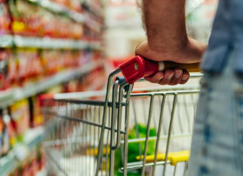   primer plano del hombre blanco's arm holding on to cart in grocery store