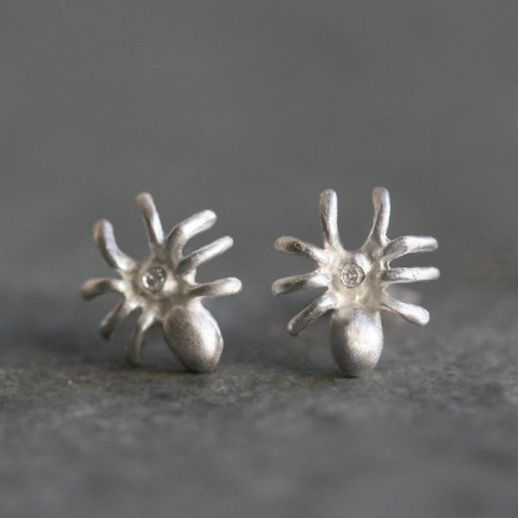 hoa tai nhện bạc đính kim cương, trang sức Etsy