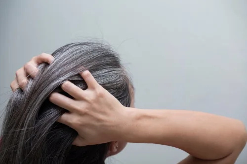   Una mujer tirando de su pelo gris hacia atrás.