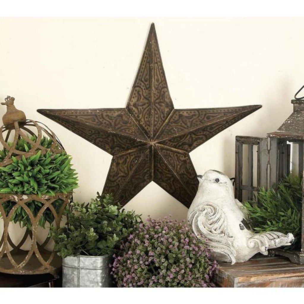 Estrella de granero de metal rodeada de plantas, decoración rústica de casa de campo