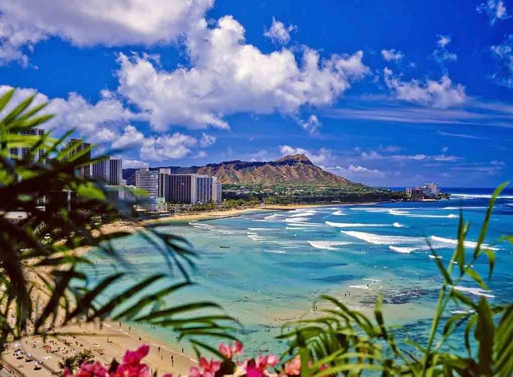 kilátás a hawaii hegyre és az óceánra a pálmafákon keresztül, állítsa be a tényt a hawaiiról