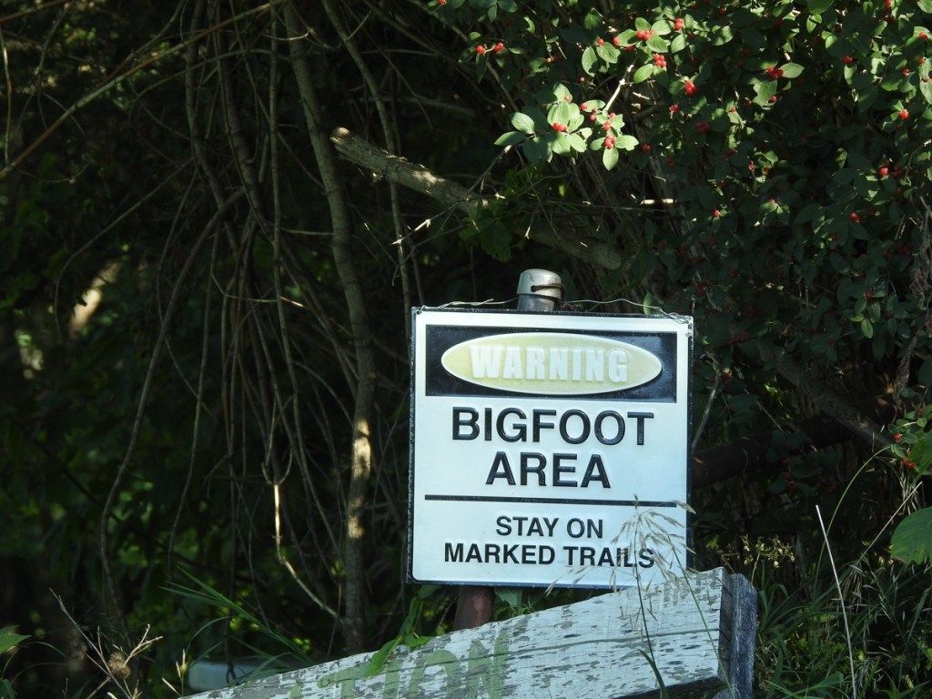 Предупредителен знак за Bigfoot в гората, посочете факта за Оклахома