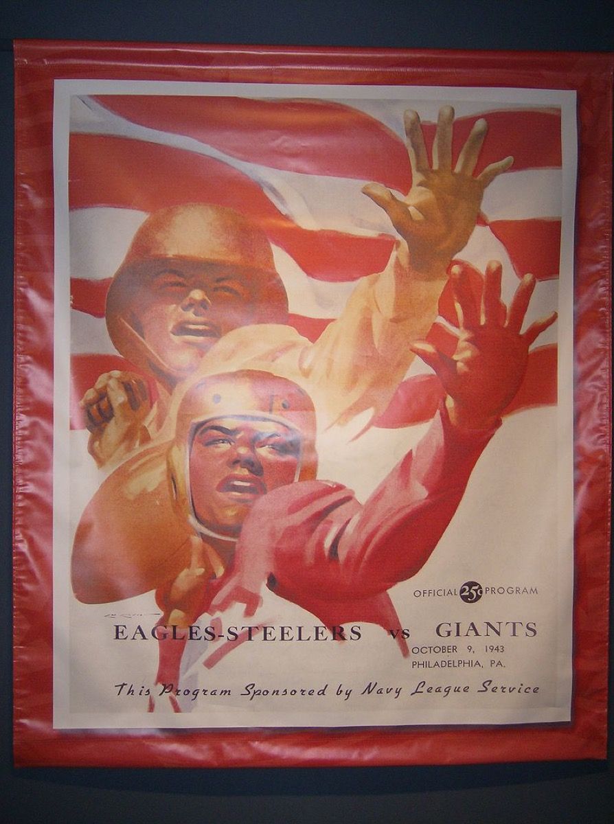 Poster ng Football Hall of Fame para sa laro na nagtatampok ng mga eagles-steeler kumpara sa mga higante, katotohanan ng estado tungkol sa Pennsylvania