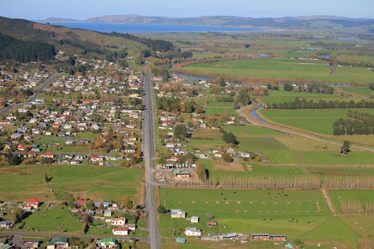 Pemandangan udara dari Kaitangata, Otago, Selandia Baru