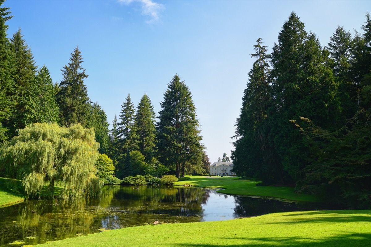 Perkebunan Bloedel Reserve dengan mansion dan kolam taman.