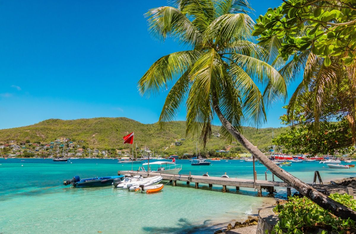 Ярък и пъстър образ на Бекия. Палми във водата, синьо небе и бели облаци, лодки в пристанището на Порт Елизабет. Сейнт Винсент и Гренадини.