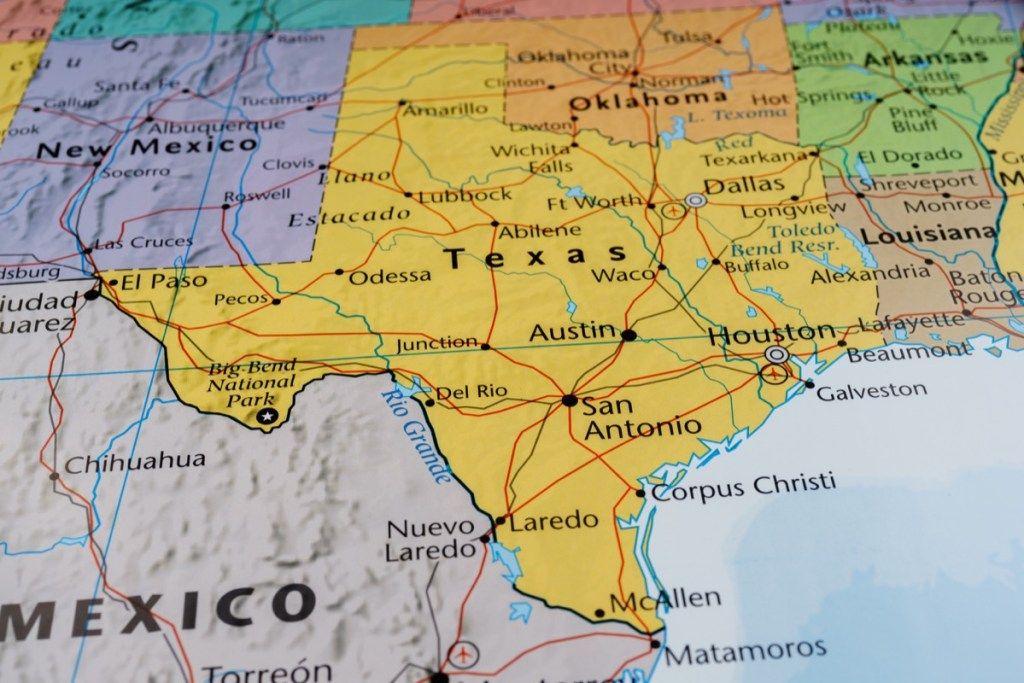 Kaart van de Verenigde Staten, close-up op de staat Texas