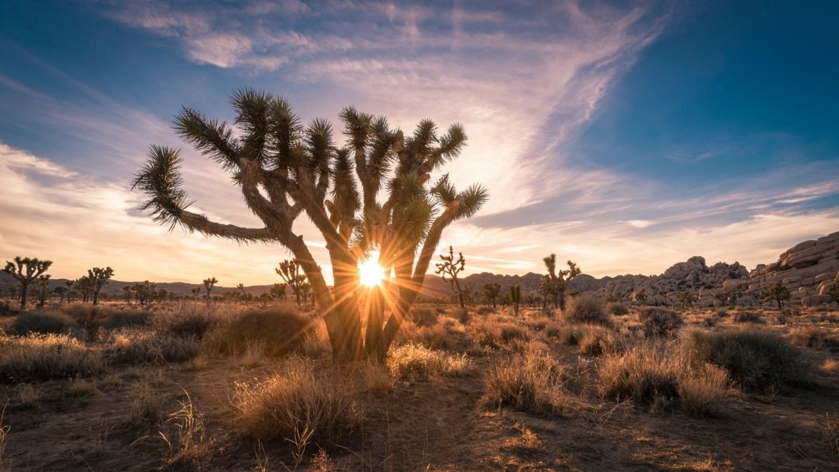 pôr do sol brilhando entre os galhos de uma árvore joshua no deserto da califórnia