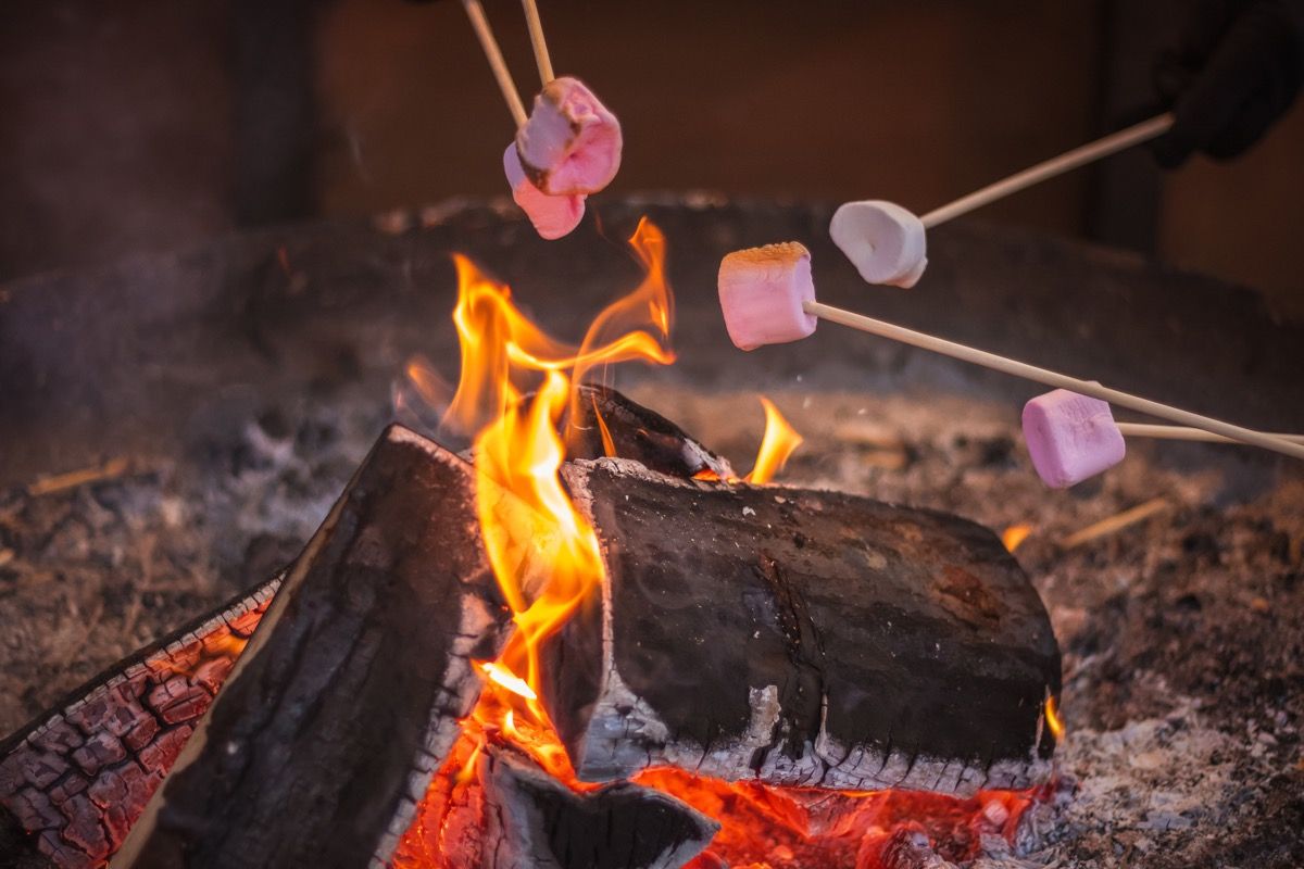 Nazdravljamo marshmallowu nad odprtim plamenom na zimski deželi božičnega trga v Londonu